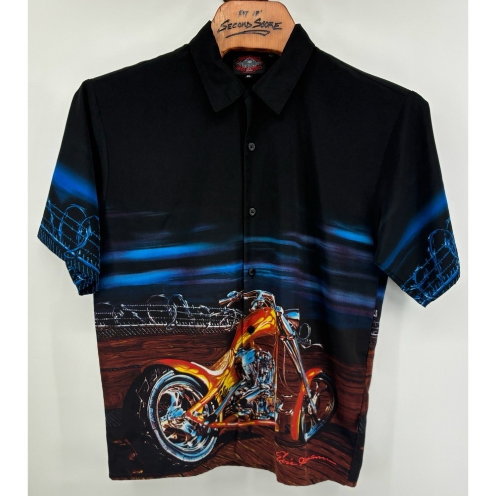 Vintage Dragonfly Shirt Mens XL Button Up Black Y2K Biker Motorcycle Eric Herman
